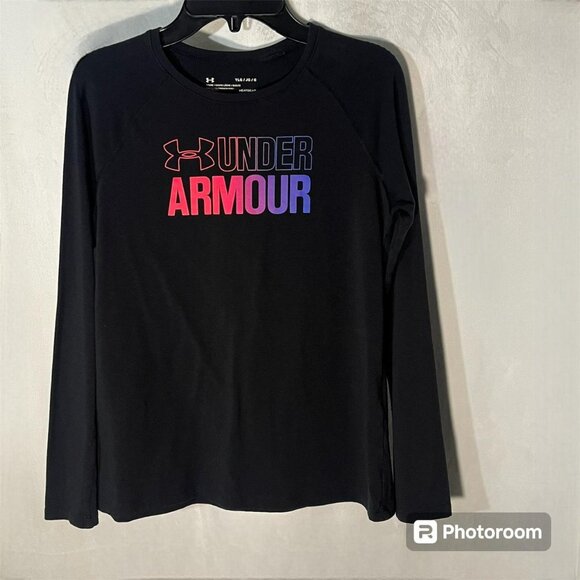 Under Armour Other - Under Armour black long sleeve crew neck shirt  Multicolor logo Heat gear sizeYL